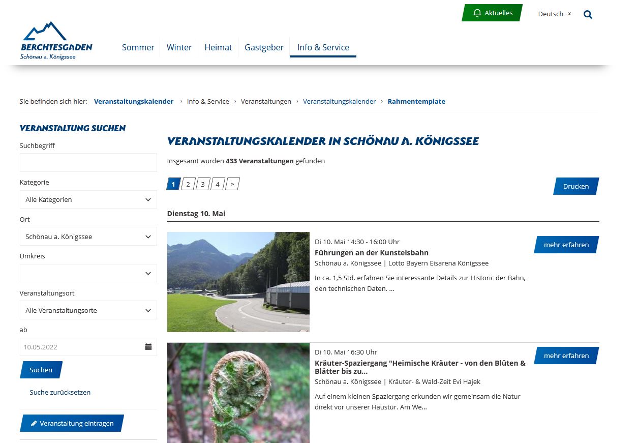 Termine auf der Tourismusseite